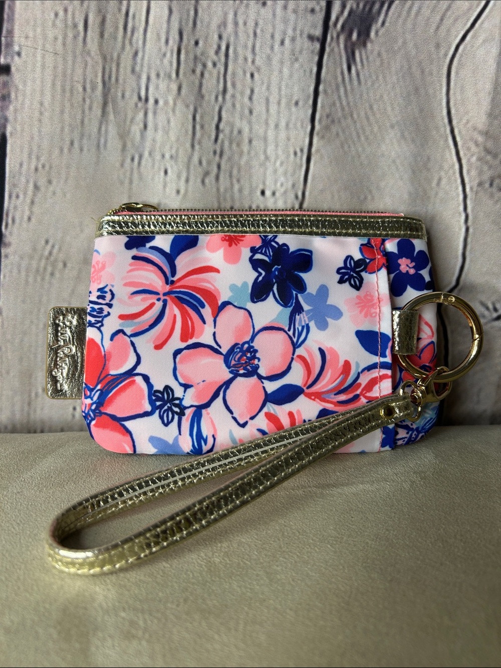 Lilly Pulitzer ID case wristlet/keychain pink and blue floral 6.5x4.5